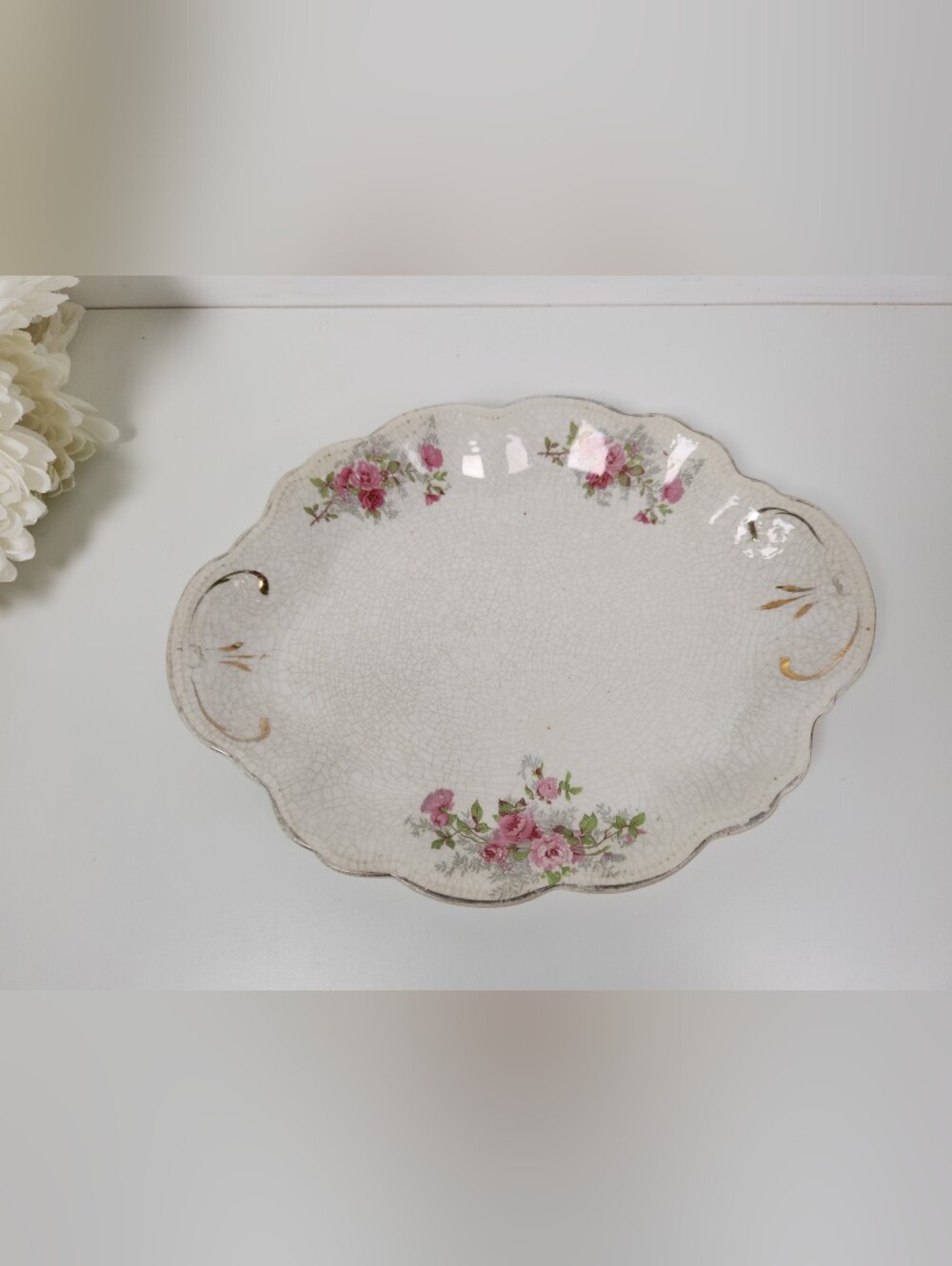 Small Antique Floral Oval Platter w/ Scalloped Edges 11" | Crazed Ironstone
